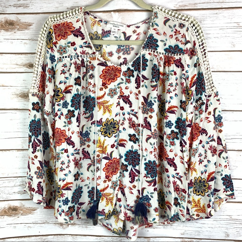 Multi color, long sleeve, floral print, peasant, John Paul Richard blouse, Sz 1x